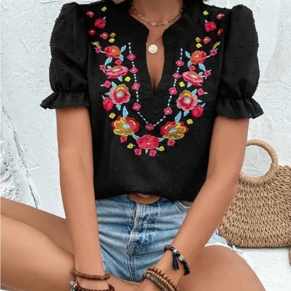 Boho Embroidered Black Puff Sleeve with Ruffled Mandarin Collar - Picture 4 of 12